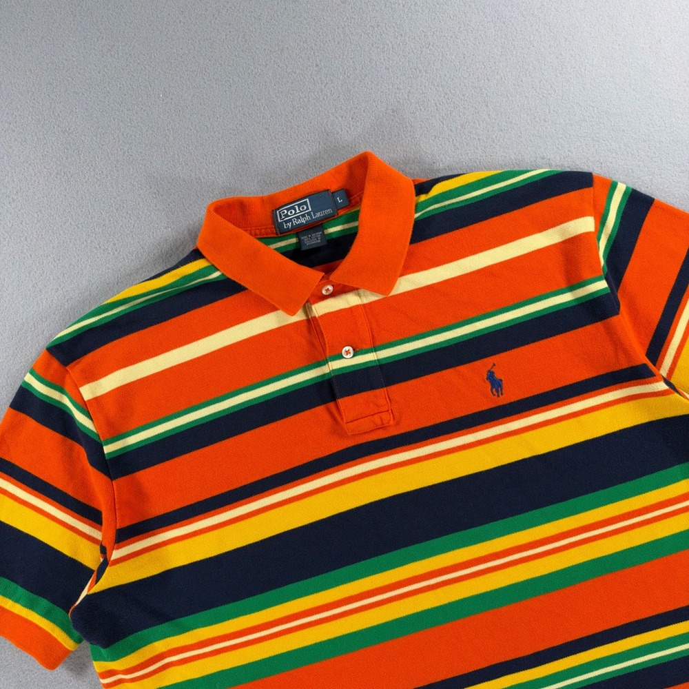 Polo Ralph Lauren Polo Shirt Striped Large Orange Multi Short Sleeve Pony Logo